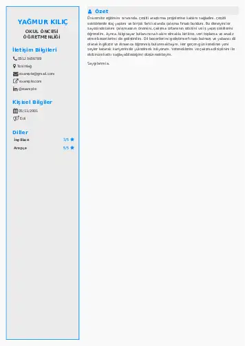 Okul Öncesi Öğretmeni Öğretmenliği Cv Örnekleri cv indir